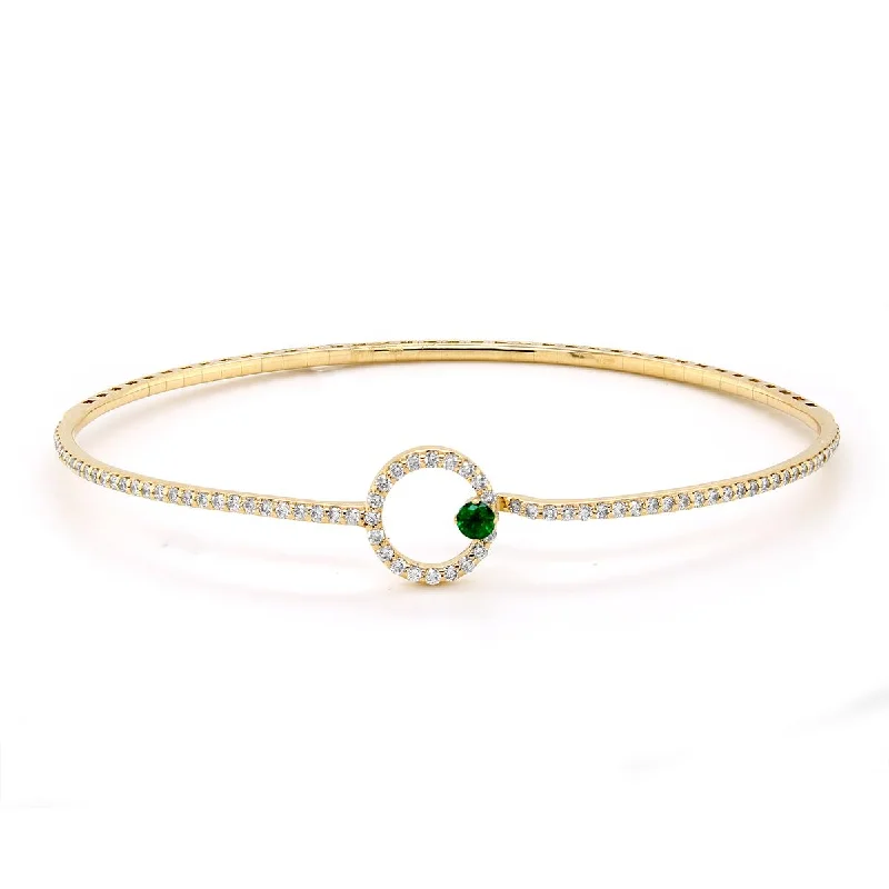 ladies-ethnic-tassel-bracelets-DAINTY YELLOW GOLD BANGLE BRACELET WITH EMERALD AND DIAMONDS, .65 CT TW