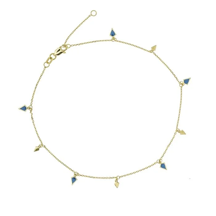 ladies-initial-gold-bracelets-GOLD AND BLUE ENAMEL DANGLING CHARM ANKLE BRACELET