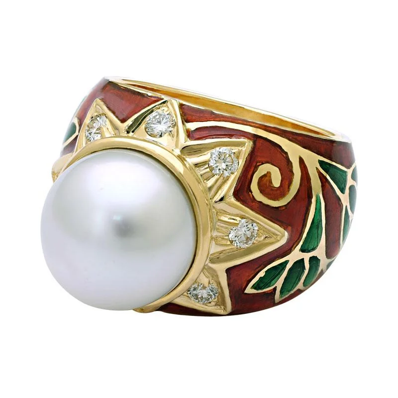 Ladies rings spiral shapes -Ring-South Sea Pearl and Diamond (Enamel)  (2140N)