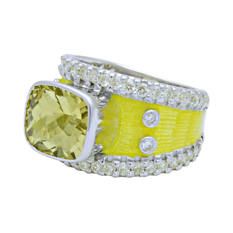 Ladies rings with bird designs -Ring-Lemon Quartz and Diamond (Enamel)