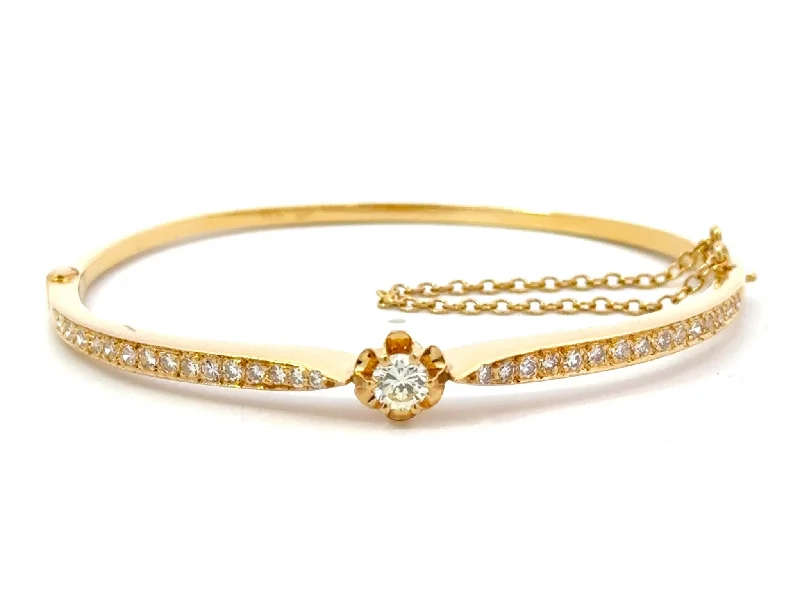 ladies-unique-rose-gold-bracelets-Diamond Flower Hinged Bangle Bracelet 14k Yellow Gold