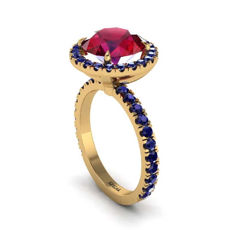 Ladies engagement rings crescent cut -Round Cut Ruby Halo Engagement Ring - Charleigh No. 70