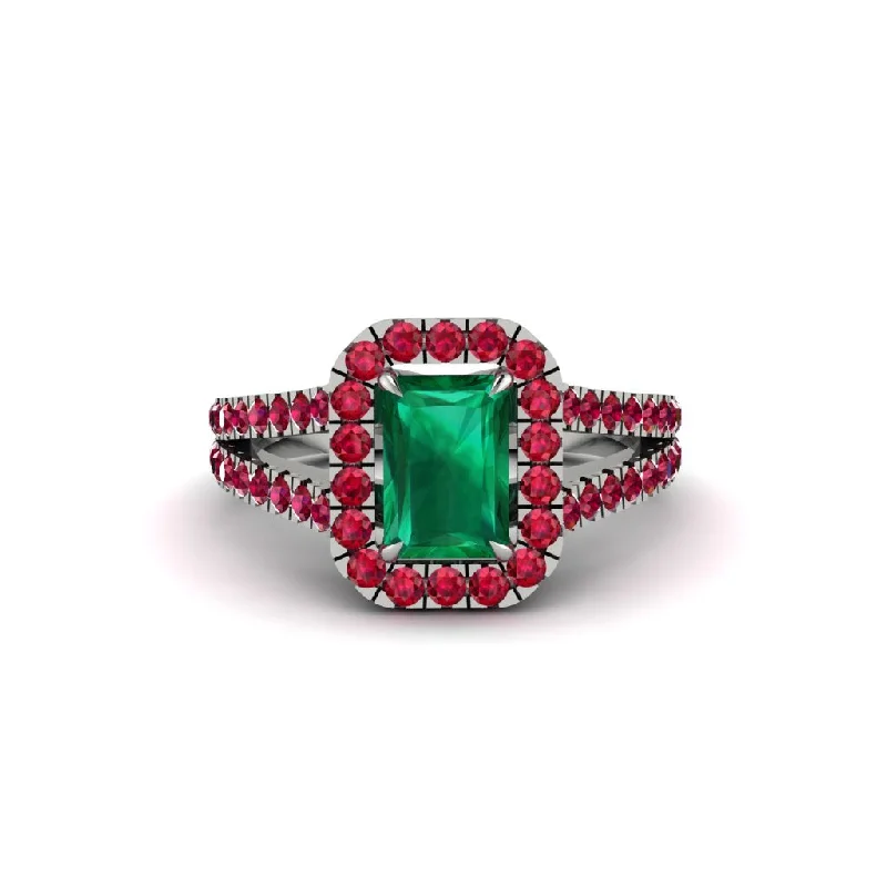 Ladies engagement rings shiny finish -Radiant Cut Emerald Halo Split Shank Engagement Ring - Lainey No. 51