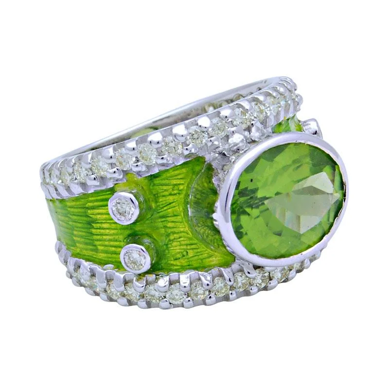 Ladies rings for winter -Ring-Peridot and Diamond (Enamel)  (114JS)