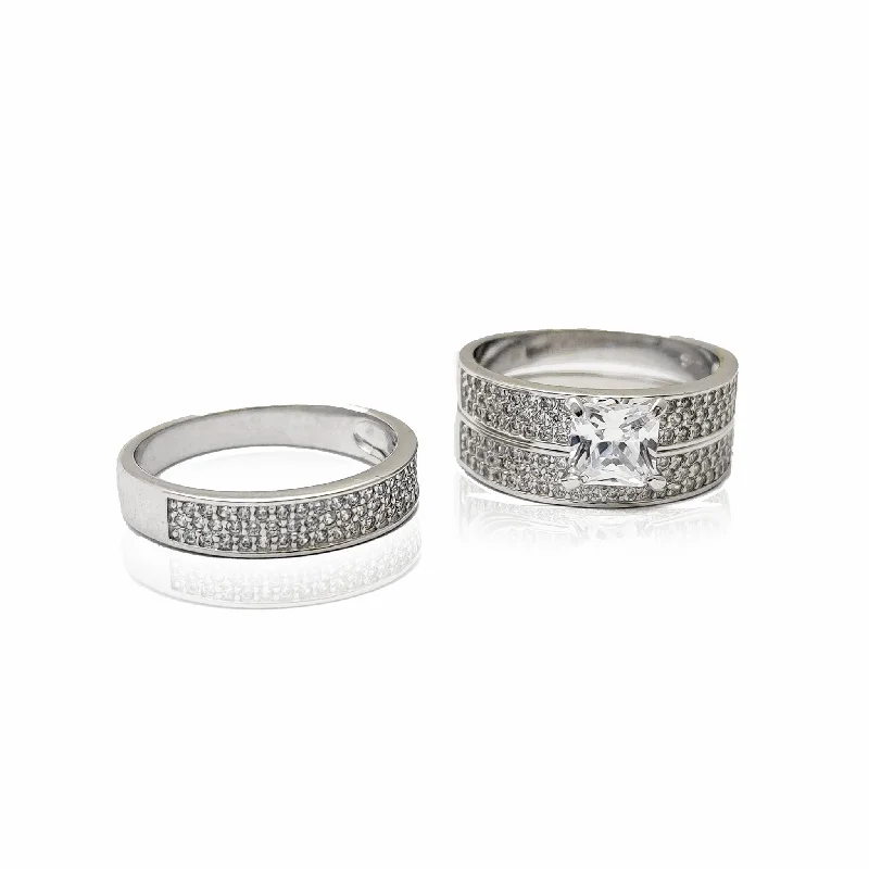 Ladies engagement rings polished band -Pave Princess Set Three Piece Set Engagement Rings (Silver)