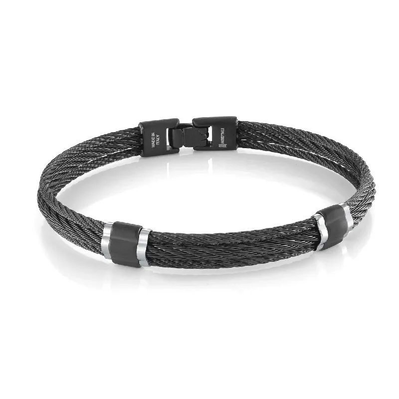 ladies-custom-heart-bracelets-MEN'S BLACK STEEL THREE ROW CABLE BANGLE BRACELET