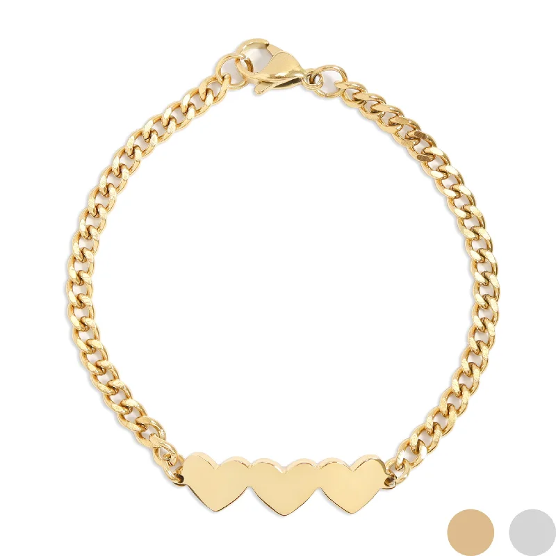 ladies-gold-pearl-bracelets-18K Gold PVD Stainless Steel Engravable 3 Hearts on Curb Chain Bracelet / SBB0367