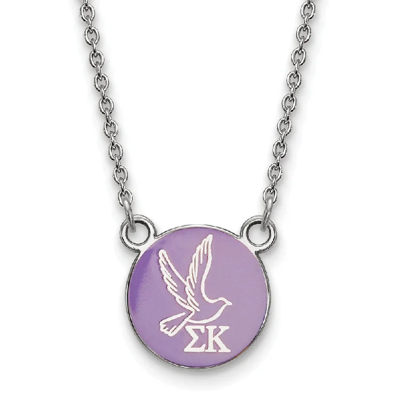 ladies-fashion-gold-necklaces-Sterling Silver Sigma Kappa Small Lavender Enamel Dove Disc Necklace