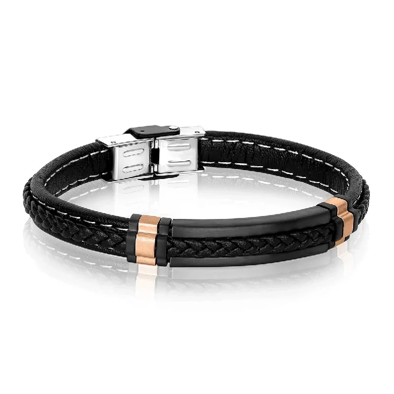 ladies-charm-gold-bracelets-MENS BLACK LEATHER BRACELET WITH ROSE STAINLESS STEEL ACCENTS