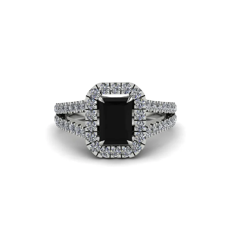 Ladies engagement rings with cathedral setting -Radiant Cut Black Diamond Halo Split Shank Engagement Ring - Lainey No. 9