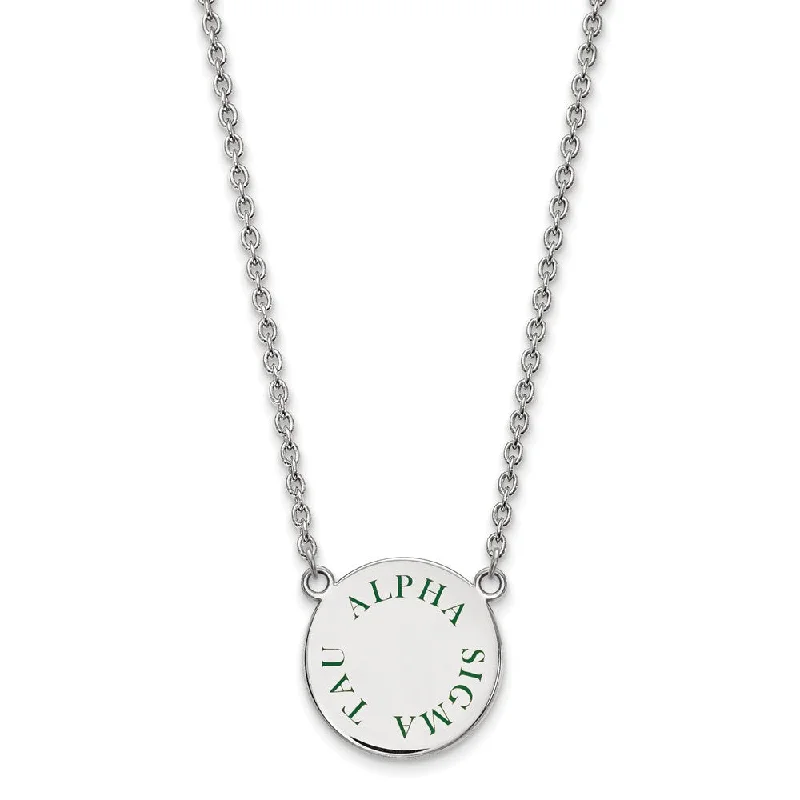 ladies-delicate-diamond-necklaces-Sterling Silver Alpha Sigma Tau Large Green Enamel Necklace