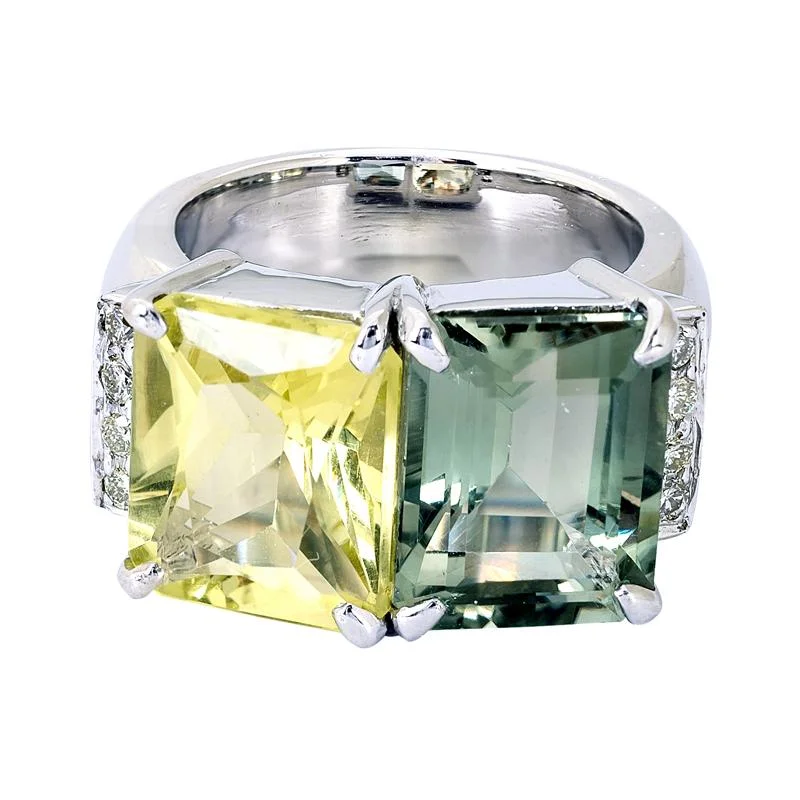 Ladies rings with eclipse motifs -Ring- Lemon Quartz, Green Quartz and Diamond  (255QS)