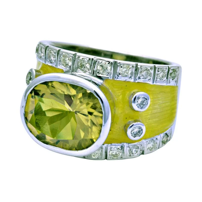 Ladies rings quirky settings -Ring-Lemon Quartz and Diamond (Enamel)  (193LS)