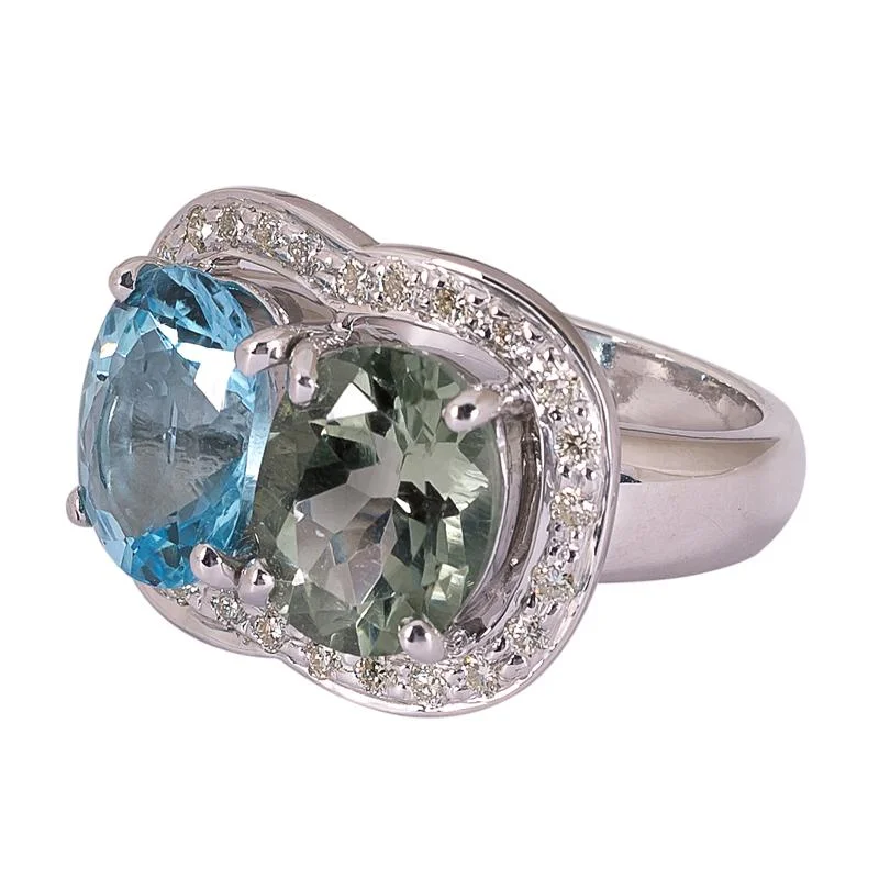 Ladies rings trendy settings -Ring- Green Quartz, Blue Topaz and Diamond  (272GS)