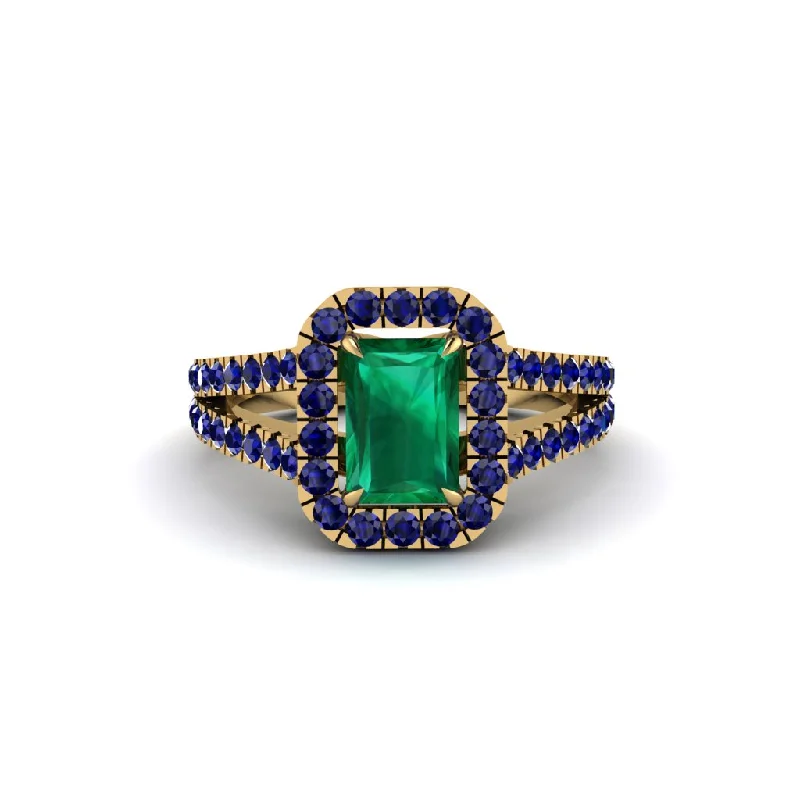 Ladies engagement rings with spinel -Radiant Cut Emerald Halo Split Shank Engagement Ring - Lainey No. 64