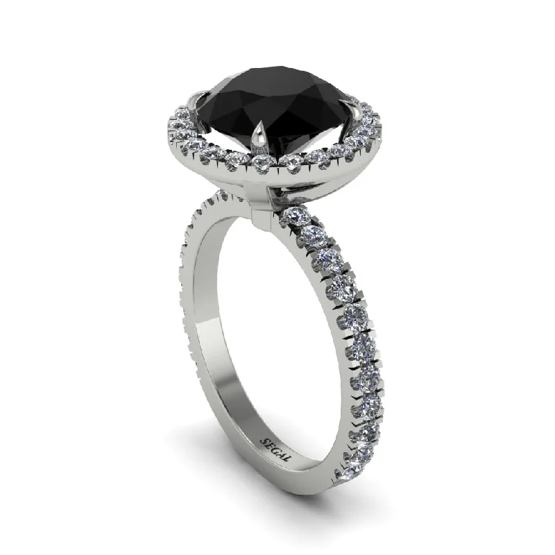 Ladies engagement rings with knot accent -Round Cut Black Diamond Halo Engagement Ring - Charleigh No. 9