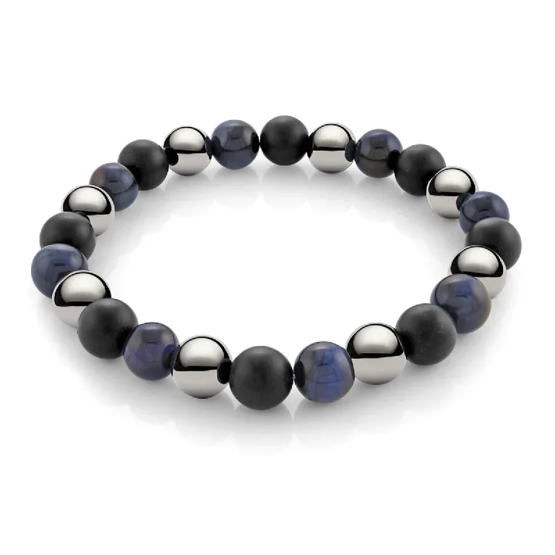 ladies-ethnic-silver-bracelets-MEN'S FASHION BRACELET WITH TIGER EYE HEMATITE AND ONYX GEMS