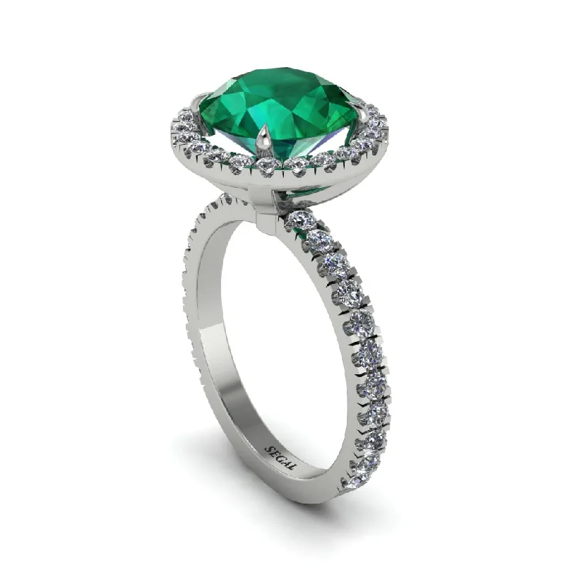 Ladies engagement rings shiny band -Round Cut Emerald Halo Engagement Ring - Charleigh No. 6