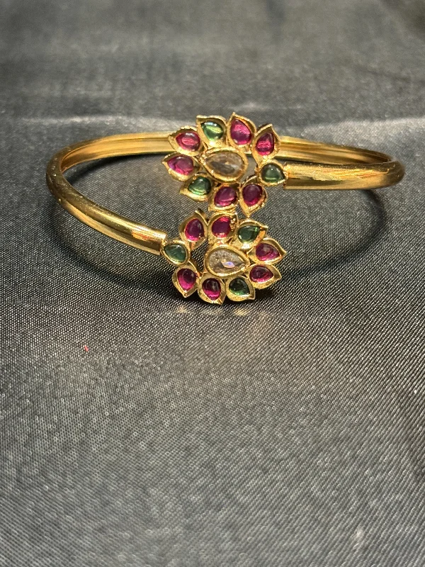 ladies-cuff-gold-bracelets-Beautiful Gold Plated With Green Hot Pink And White Stone Bracelet With Flower Design