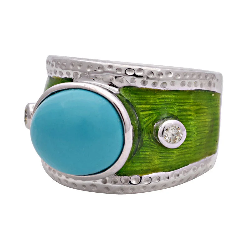 Ladies rings with galaxy designs -Ring-Turquoise and Diamond (Enamel)