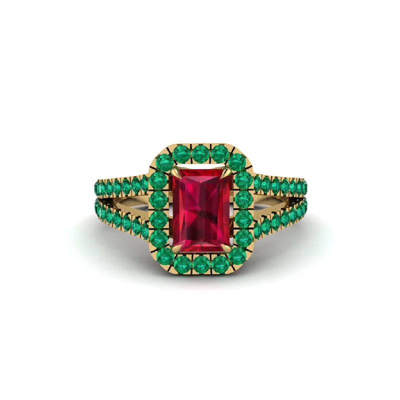 Ladies engagement rings with double halo -Radiant Cut Ruby Halo Split Shank Engagement Ring - Lainey No. 25