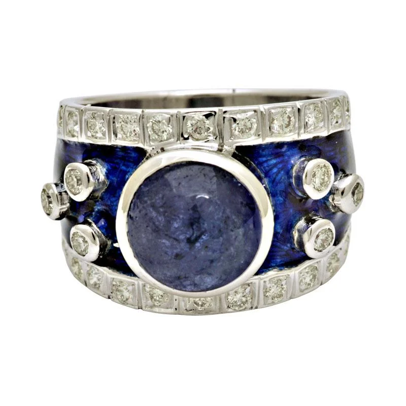 Ladies rings delicate bands -Ring-Tanzanite and Diamond (Enamel)  (193CS)