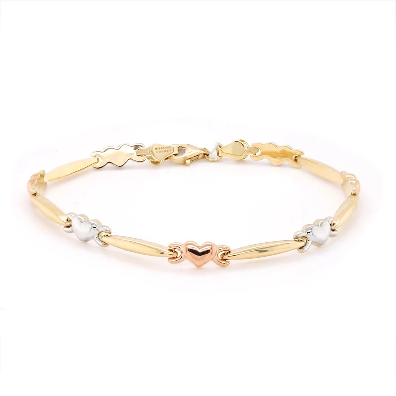 ladies-chain-gold-bracelets-TRI-TONE GOLD BRACELET WITH HEART DESIGN