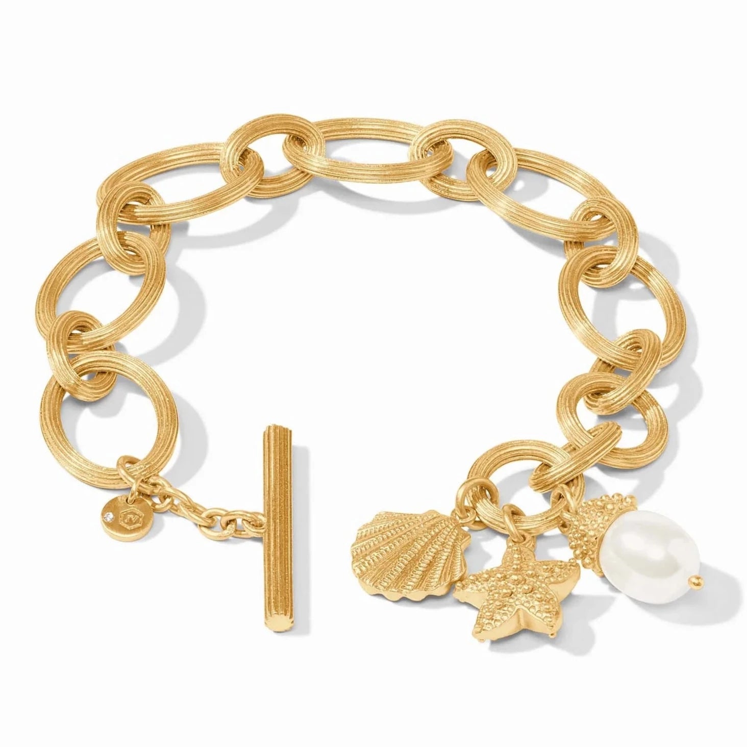 ladies-trendy-rose-gold-bracelets-Julie Vos 24K Gold Plated Sanibel Charm Link Bracelet with Shell Pearl