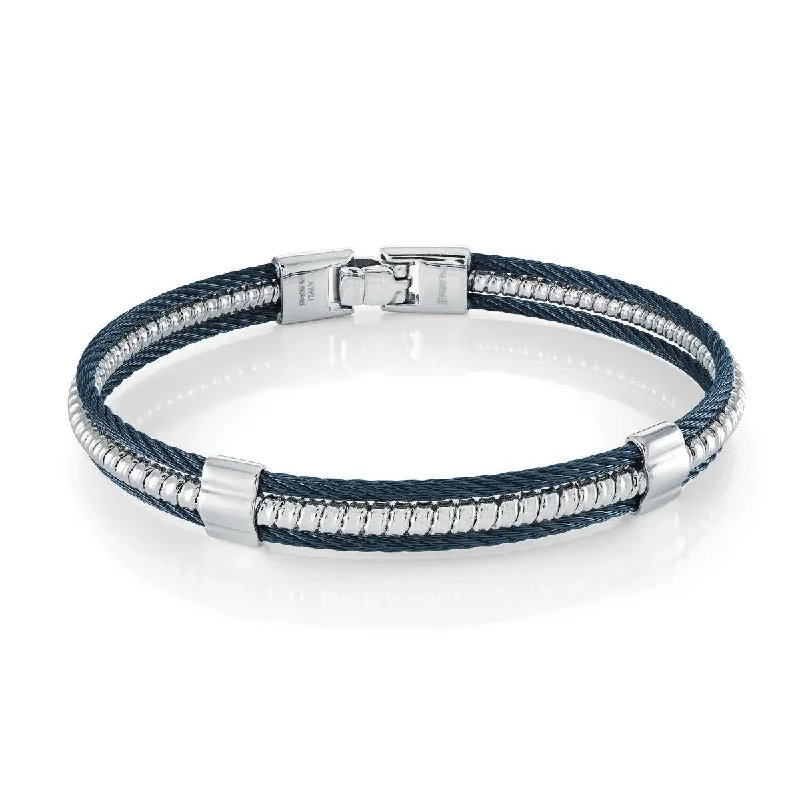 ladies-delicate-crystal-bracelets-MEN'S BLUE STEEL THREE ROW CABLE BANGLE BRACELET