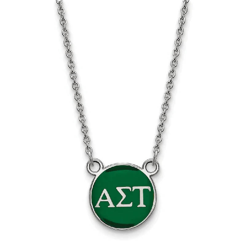 ladies-personalized-silver-necklaces-Sterling Silver Alpha Sigma Tau Small Green Enamel Disc Necklace