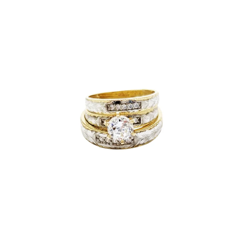 Ladies engagement rings textured finish -Two-Tone Branch-Cut Zirconia Engagement Ring Set (14K)