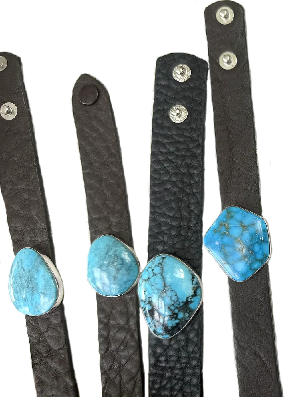 ladies-cross-diamond-bracelets-Kingman Turquoise + Leather Wider Bracelet by Que Chula!