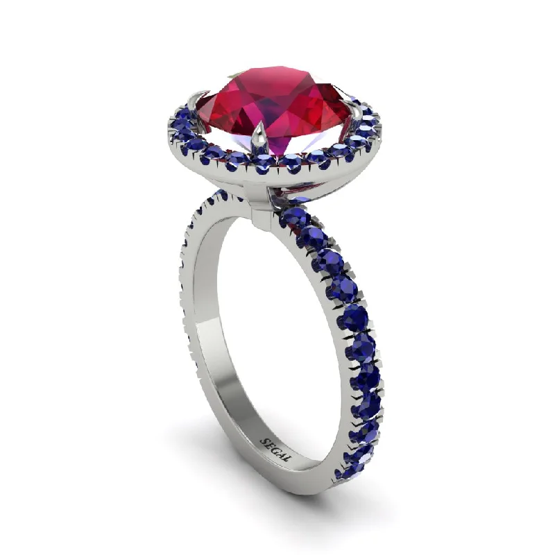 Ladies engagement rings for romantic hearts -Round Cut Ruby Halo Engagement Ring - Charleigh No. 72