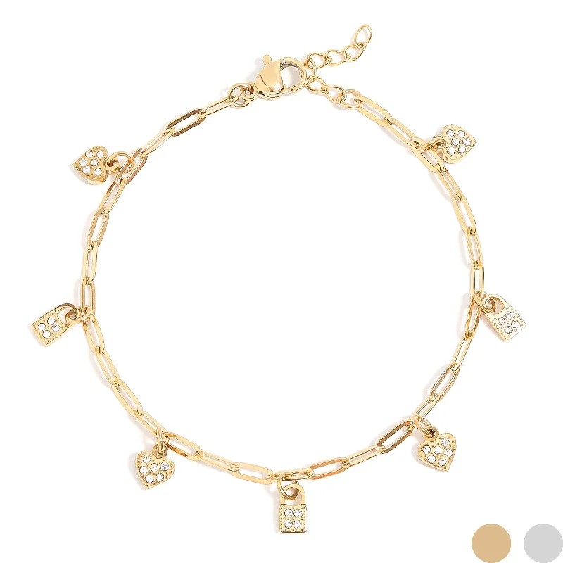 ladies-tassel-silver-bracelets-18K Gold PVD Stainless Steel Heart & Lock Charm Bracelet / BRJ1011