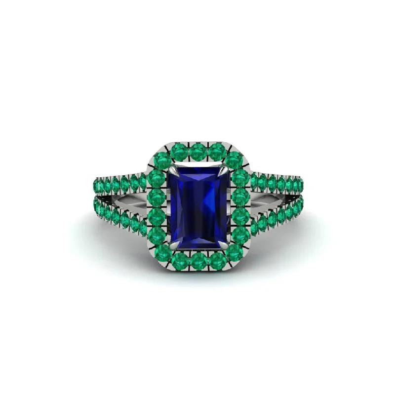 Ladies engagement rings with prehnite -Radiant Cut Sapphire Halo Split Shank Engagement Ring - Lainey No. 30