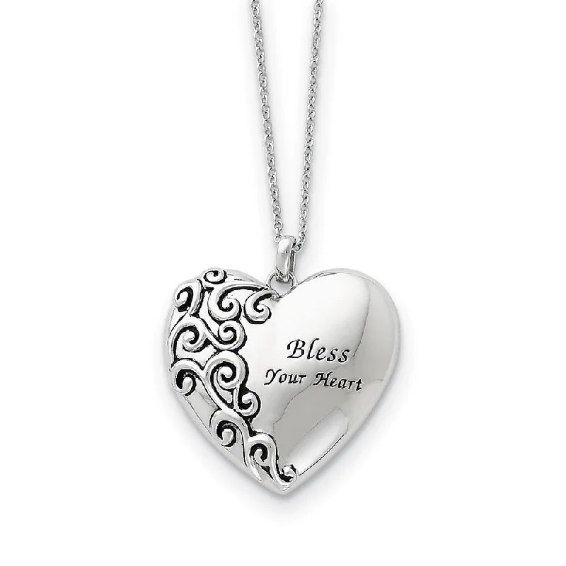 ladies-locket-pearl-necklaces-Rhodium Plated Sterling Silver Bless Your Heart Necklace, 18 Inch