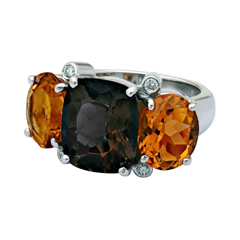 Ladies rings for dinners -Ring-Smokey Quartz, Citrine and Diamond  (211BS)