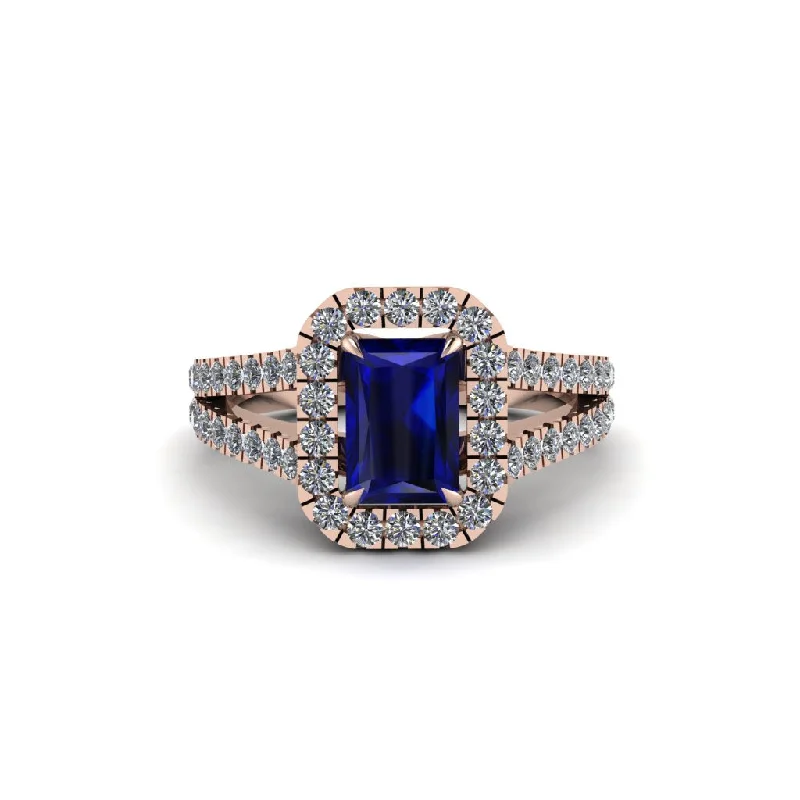 Ladies engagement rings for bold brides -Radiant Cut Sapphire Halo Split Shank Engagement Ring - Lainey No. 14