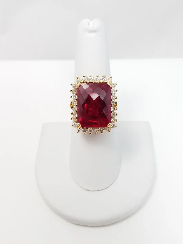 Ladies rings for daughters -Sensational 18k Yellow Gold Synthetic Ruby Natural Diamond Custom Ring