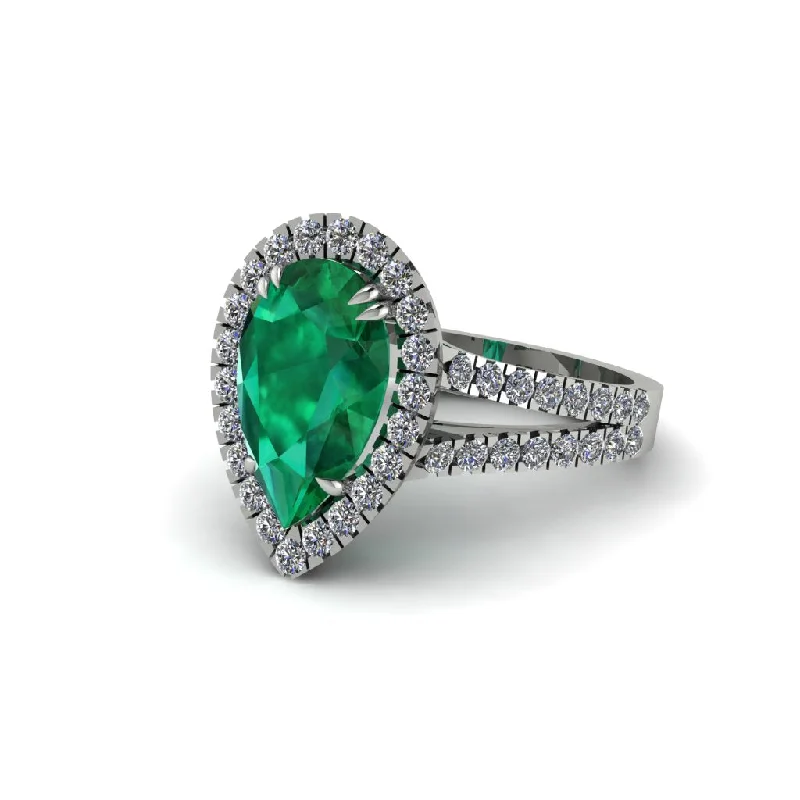 Ladies engagement rings with star band -Pear Emerald Halo Split Shank Engagement Ring - Helena No. 6