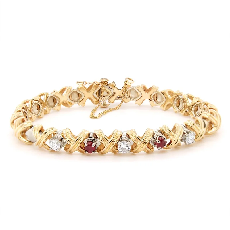 ladies-bridal-bracelets-VINTAGE STYLE GOLD BRACELET WITH RUBIES AND DIAMONDS, 5/8 CT TW