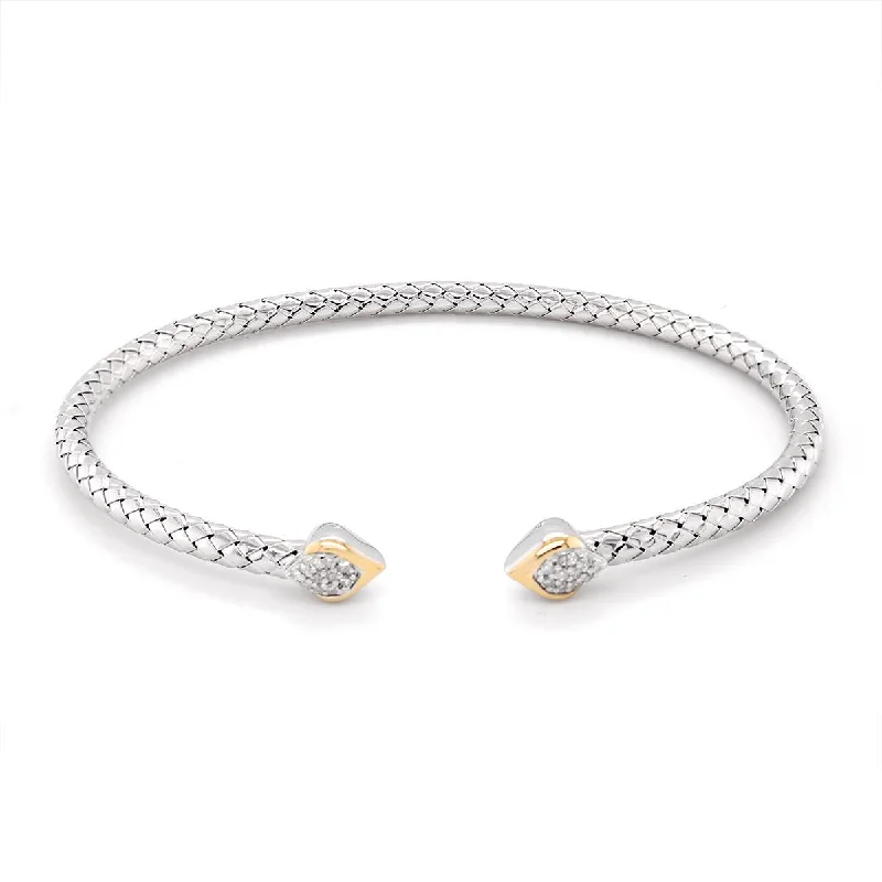 ladies-elegant-diamond-bracelets-STERLING SILVER OPEN BANGLE BRACELET WITH CLUSTER CUBIC ZIRCONIA AND YELLOW GOLD