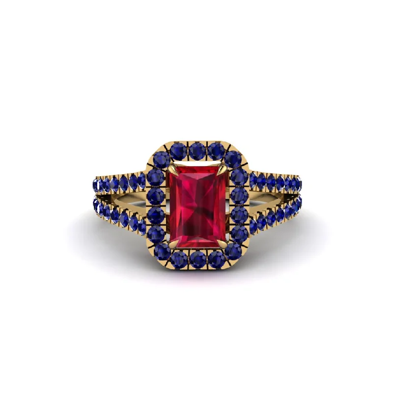 Ladies engagement rings with star band -Radiant Cut Ruby Halo Split Shank Engagement Ring - Lainey No. 70