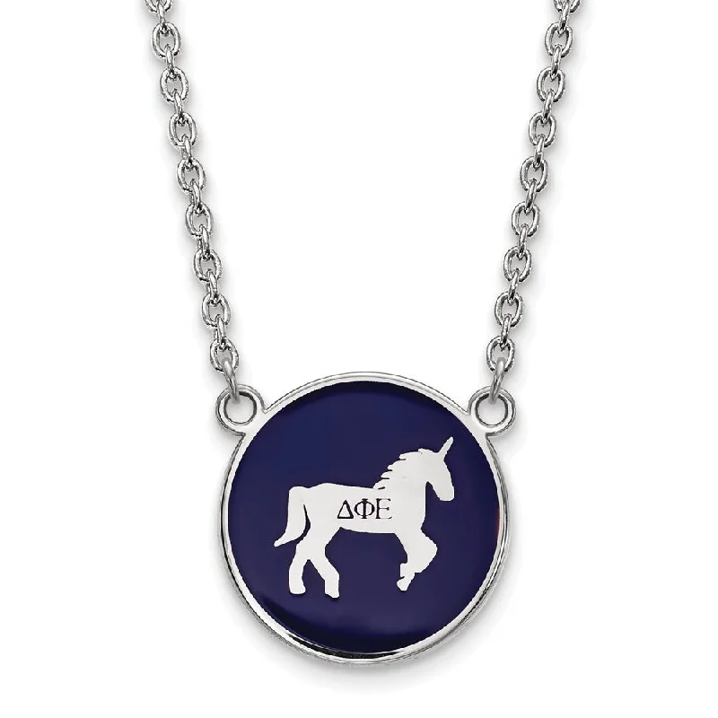 ladies-initial-rose-gold-necklaces-Sterling Silver Delta Phi Epsilon Lg Blue Enamel Unicorn Disc Necklace