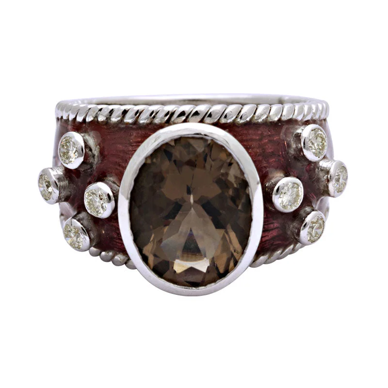 Ladies rings with tourmaline -Ring-Smokey Quartz and Diamond (Enamel)