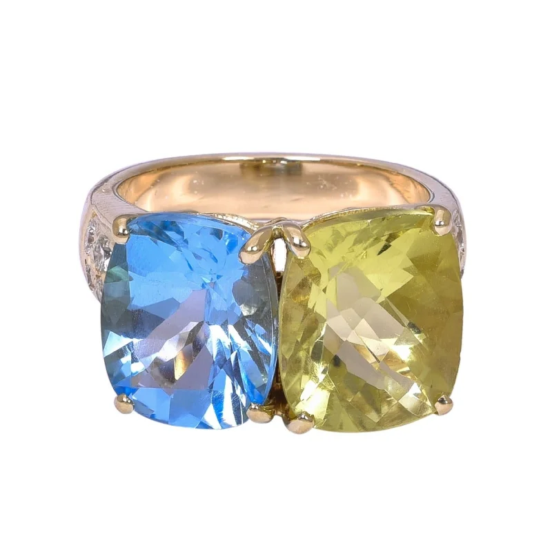 Ladies rings with moon designs -Ring- Blue Topaz, Lemon Quartz and Diamond  (2202J)