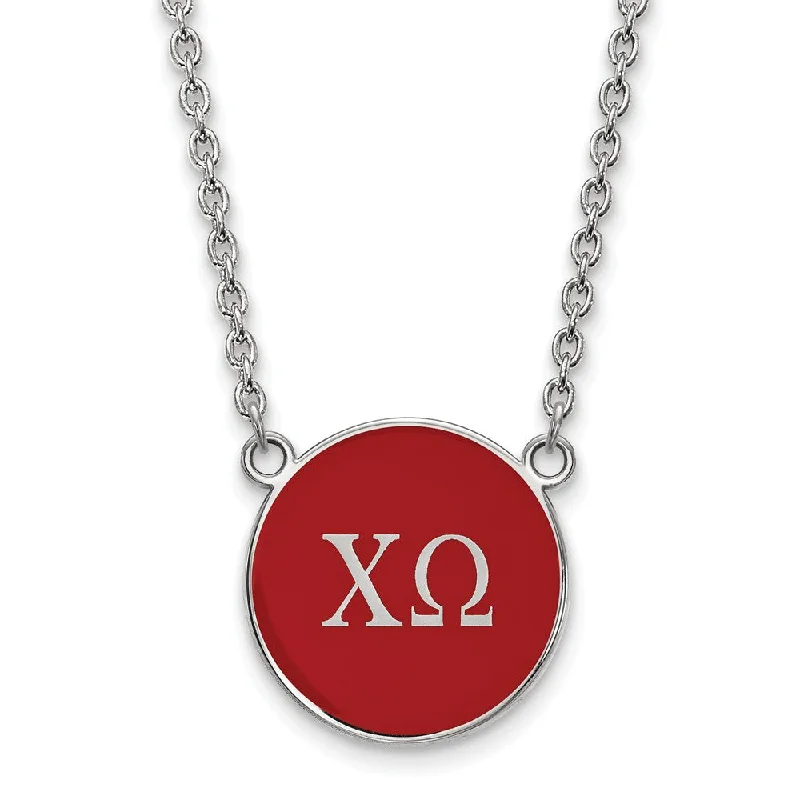 ladies-initial-pearl-necklaces-Sterling Silver Chi Omega Large Red Enamel Disc Necklace