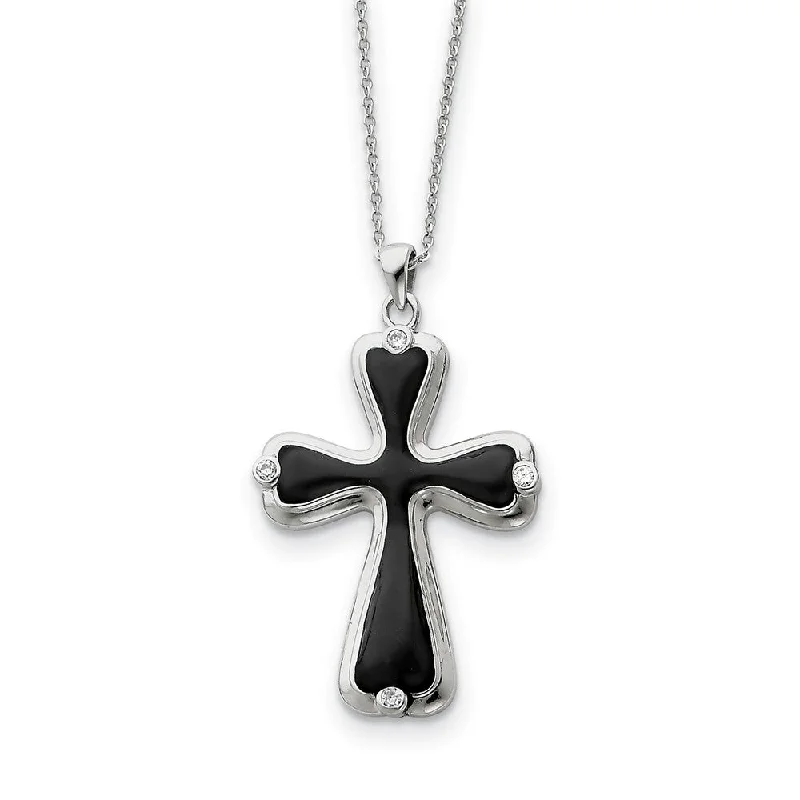 ladies-trendy-gold-necklaces-Sterling Silver, Black Enamel & CZ My Refuge Cross Necklace, 18 Inch