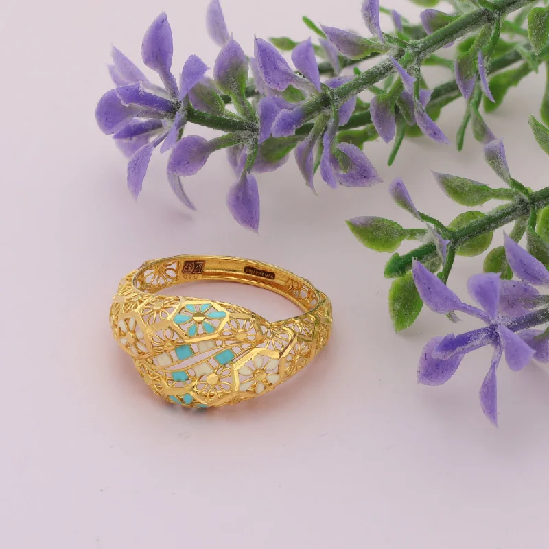 Ladies rings artisan crafted -Gold Turquoise Flower Design Ring 21KT - FKJRN21KM9678