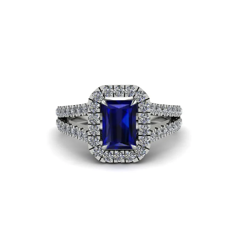 Ladies engagement rings with sodalite -Radiant Cut Sapphire Halo Split Shank Engagement Ring - Lainey No. 15